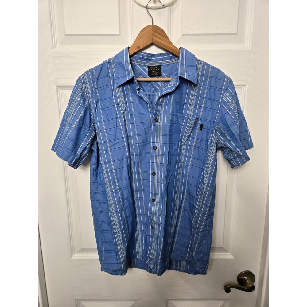 Oakley Mens Retro Blue Plaid Short Sleeve Button Up Shirt Size M Pocket Woven